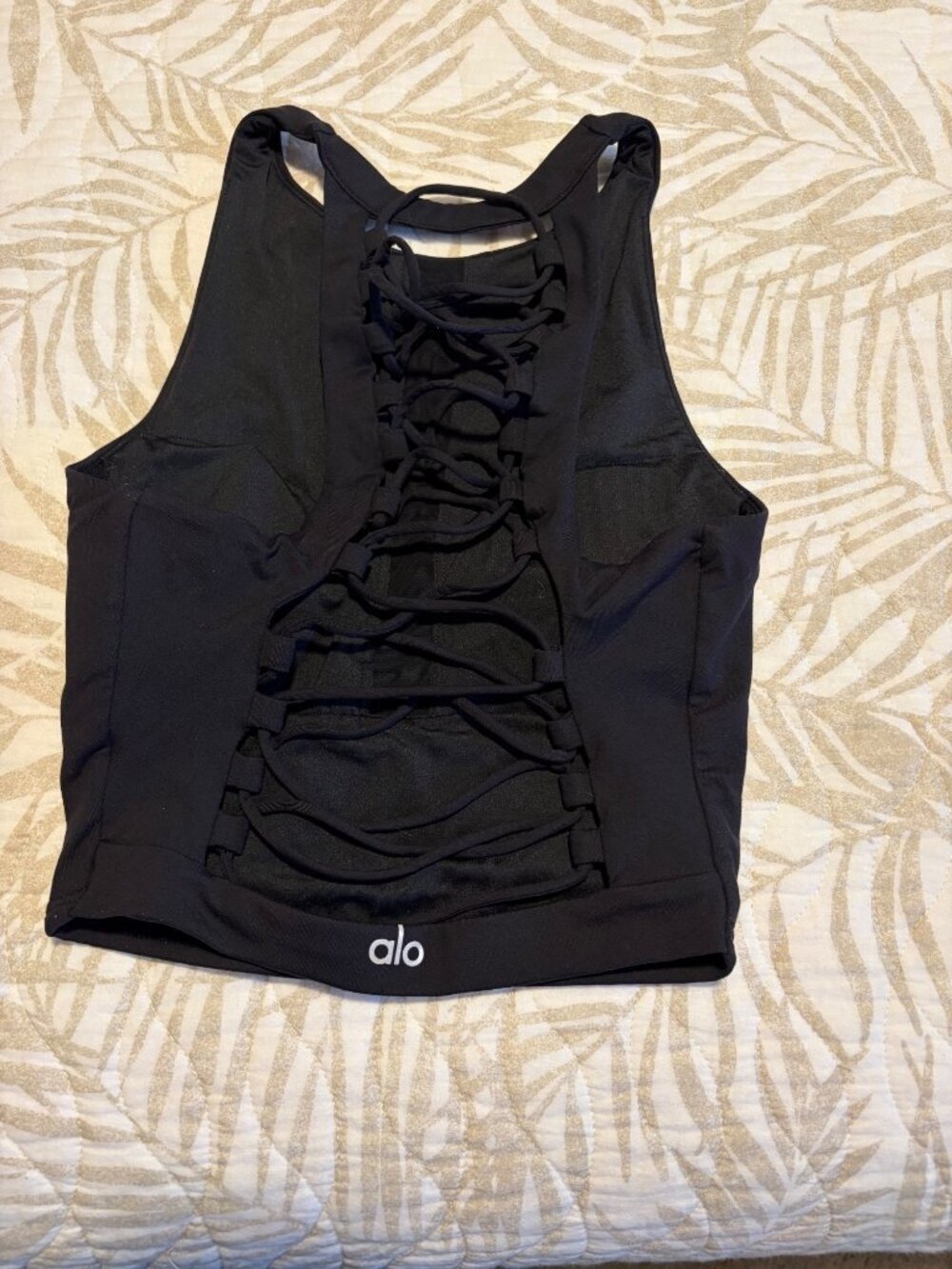Alo Yoga Womens XS Black Strappy Back High Neck Crop Top Nylon/Spandex Blend